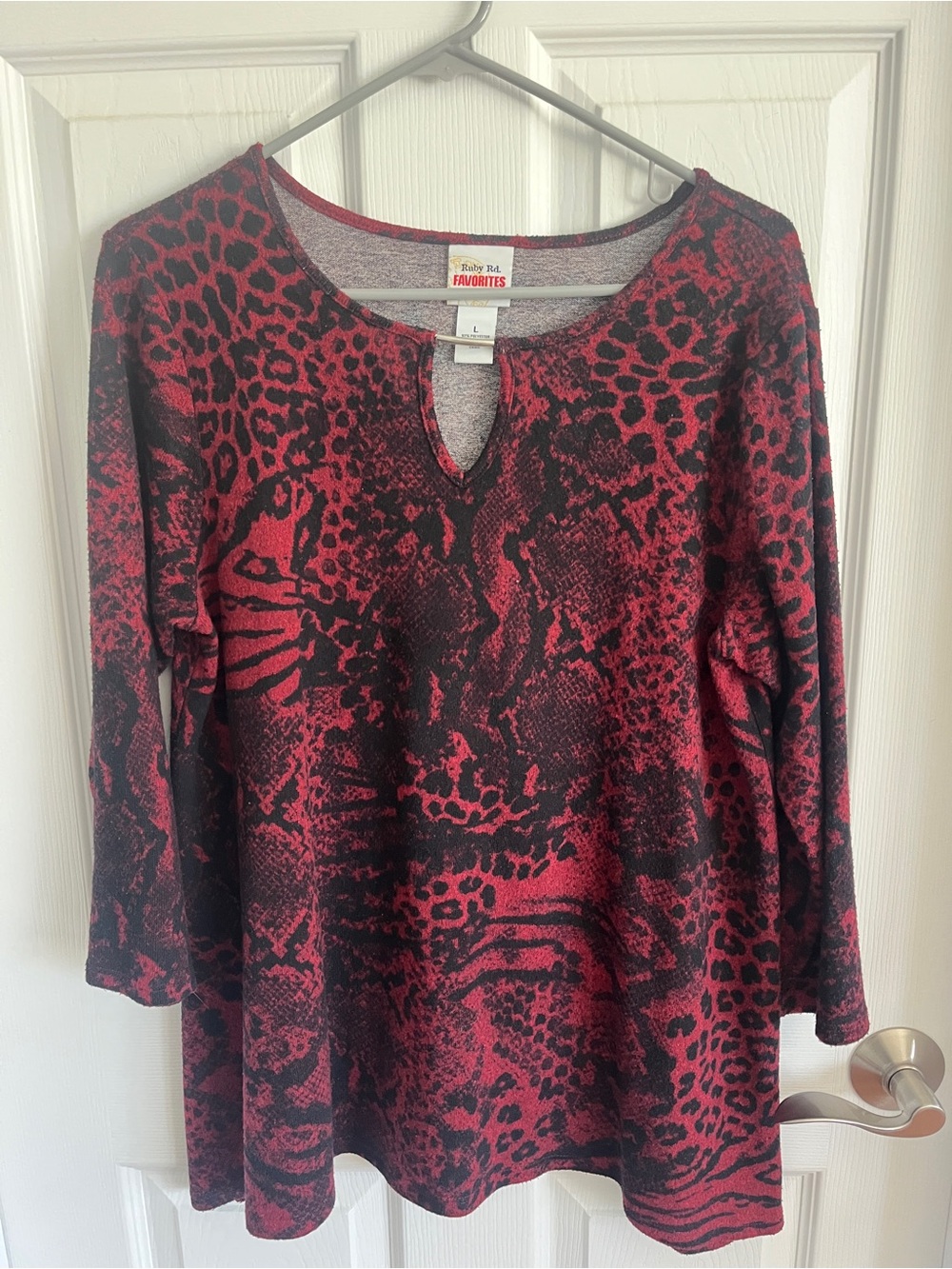 Ruby Rd. Red and Black Animal-Print Long Sleeve Keyhole Tunic